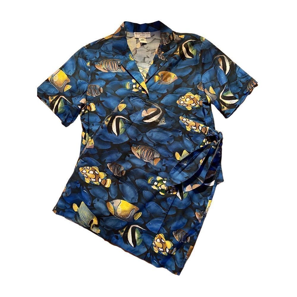 Barry bricken vintage blue fish, print, two piece skirt and shirt, set size smal